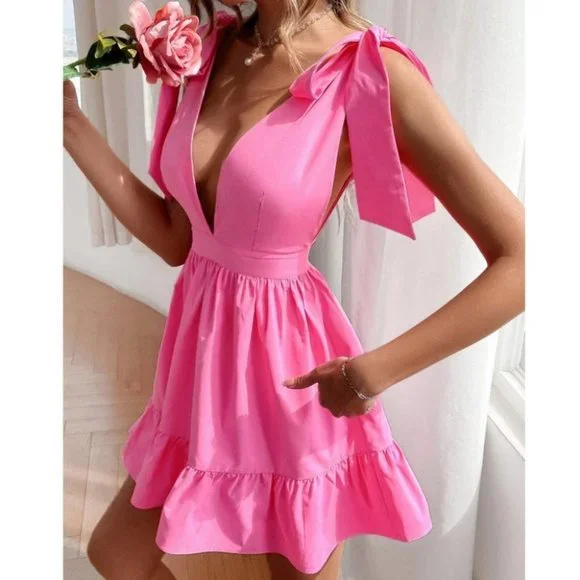 Pink Tie Shoulder Ruffle Hem Dress - PLUS size available also - Picture 4 of 11